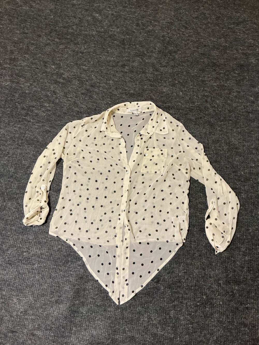 Forever 21 Sheer Button Down Polka Dot Print Shirt Womens Size Large Cream/Black